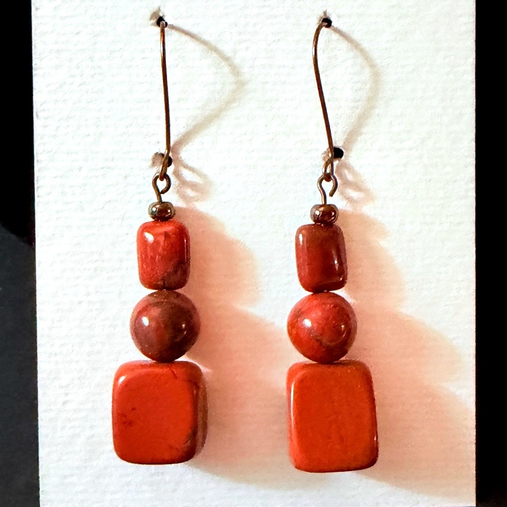 Red Jasper Stacked Stone Kidney Hoop‎ Dangle Earrings Stephanie Aune Artist Boho